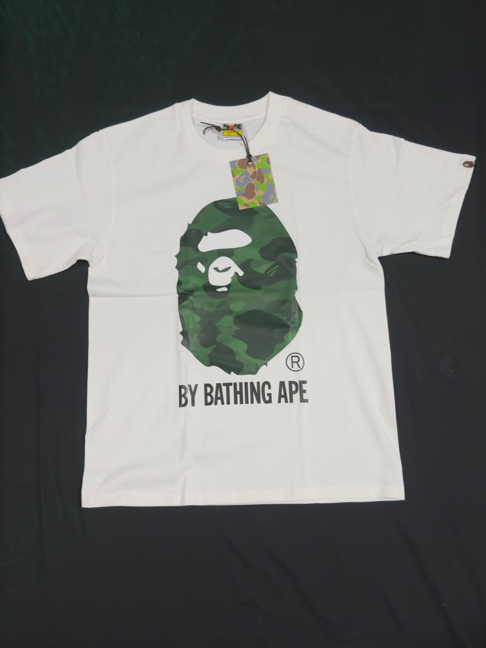 Bape White Tee with Green Camo Ape Head Graphic
